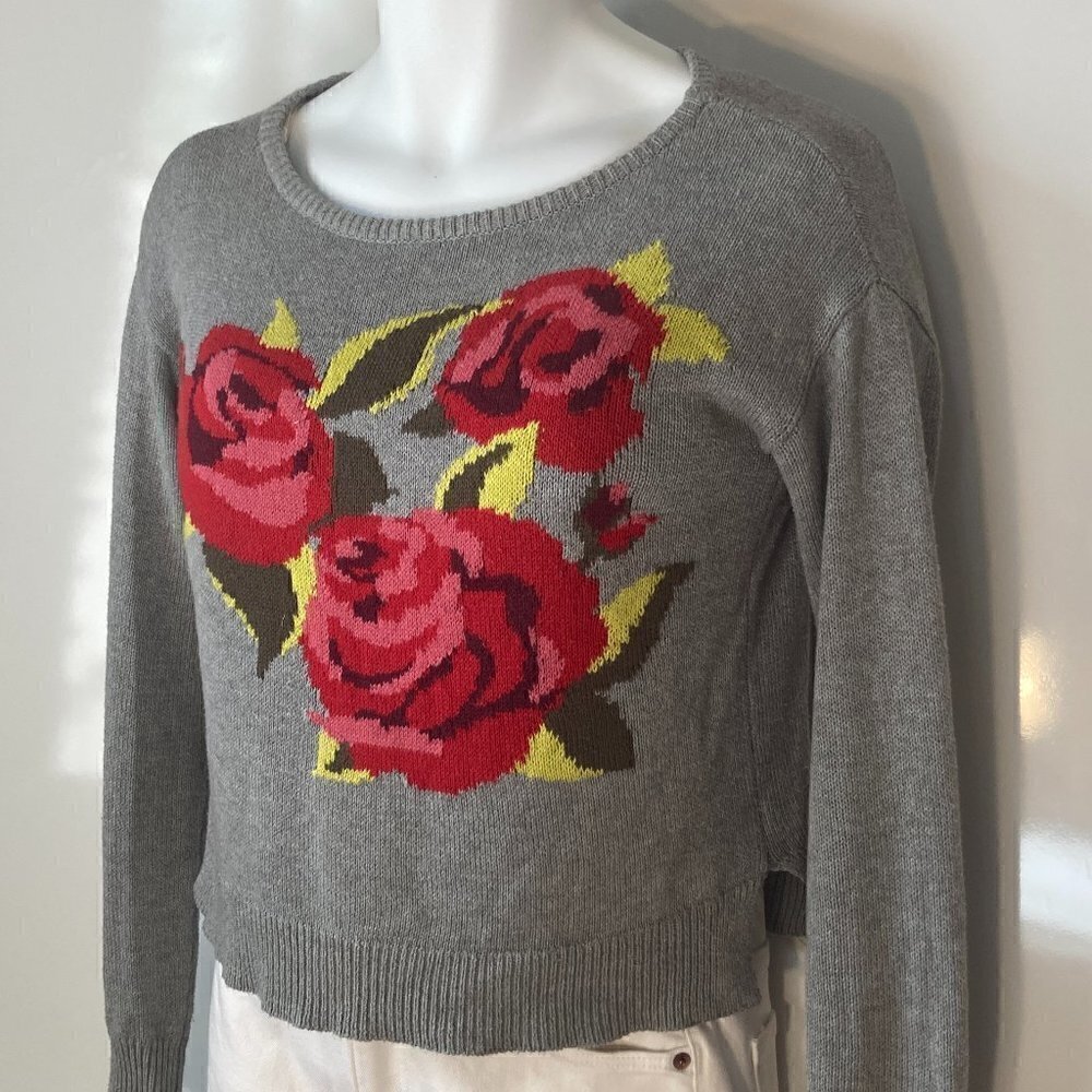 Arizona SZ XS Gray Graphic Rose Sweater 80's Vintage Art to Wear Y2K